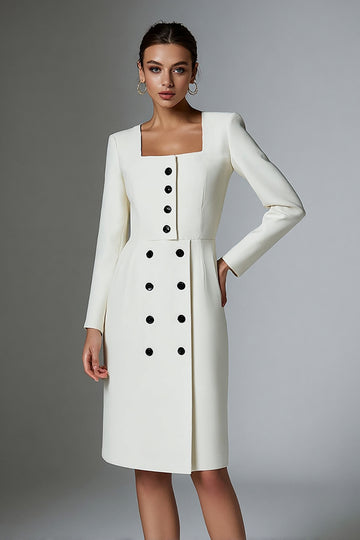 Sheath Ivory Long Sleeve Square Neck Work Dress